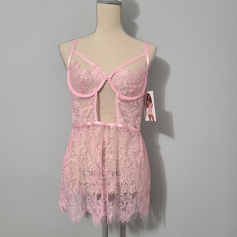 Elegant Moments Cupless Pale Pink Lace Babydoll NWT X Large